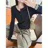 Tejido acanalado de rayón de 260 g 92% viscosa 8% elastano/manga larga para mujer, versátil para otoño, ajuste ceñido, camiseta base, top interior