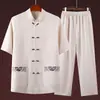 Traje Tang de Verano para Hombre, de Mediana Edad y Anciano, Conjunto Casual de Manga Corta, Estilo Chino de Algodón y Lino, Ropa Holgada para Abuelo
