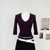 Camiseta BESOBER de Manga Tres Cuartos, Escote en V Profundo, Adelgazante para Mujer, Ajustada, Sexy, Versátil, Hombro Normal, Capa Base 9195