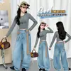 Conjunto de Primavera y Otoño para Niñas 2026: Camiseta casual estilo coreano con letras para chicas mayores combinada con jeans de dobladillo con volantes