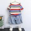Conjunto Listrado de Verão para Meninos 2026 Novo Estilo para Meninos Mais Velhos, Conjunto Coreano de Moda Duas Peças Solto
