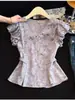 Elegante camisa de cuello estampado morado para mujer, estilo verano con lazo en la espalda y diseño entallado en la cintura, top de manga corta deslumbrante y elegante para mujer