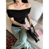 Camiseta Azul Pura de Manga Corta de Xizang para Mujer Verano Nueva Dos Formas de Usar Cintura Ceñida Moldeadora Hombro Clavícula Top de Hombro