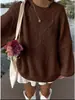 Suéter Pulôver de Malha Grossa Xadrez Estilo Europeu para Mulheres, Novo Outono/Inverno Solto com Ombro Caído Manga Longa Malha Macia Gola Redonda