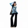Jeans feminino 2026 transfronteiriço, levemente flare, estilo americano, lavado, com aspecto desgastado, acabamento azul gelo vintage e efeito de caimento