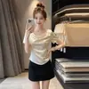 Camiseta de manga corta irregular con escote asimétrico para mujer talla grande, nuevo estilo verano 2026, corte ajustado, favorecedora, versátil, top elegante