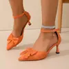 Tacones altos 2026 verano punta cerrada comercio exterior talla grande tacón de aguja comercio exterior zapatos de mujer lazo punta fina sandalias de gamuza mujer