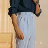Pantalones Casuales Británicos de Verano para Hombre Italianos de Seersucker con Botones Parisinos Rayas Azul Nápoles de Cintura Alta Pierna Recta