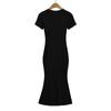 G008-24 nuevo vestido francés retro de color sólido simple de cuello redondo y manga corta sexy tipo vaina con cola de pez para principios de primavera