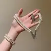 Aretes de Borla de Perlas y Diamantes de Doble Capa, Set de Pulsera y Collar, Cadena para Clavícula de Moda Vintage, Joyería de Alta Gama de Lujo Ligero