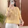 Novo top de linho bordado estilo nacional chinês, traje para chá para mulheres, blusa fina de linho de manga média para o verão de 2026