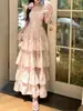 Yingzhi Hualing Exquisito Doce Pequena Manga Bufante Suave Floral Cintura Marcada Estilo Princesa Vestido Longo 8525