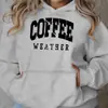 Sudadera con capucha casual para mujer talla grande color café - Estampado gráfico 'Clima de café', Forro polar con
