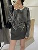 Chaqueta Cardigan de Punto a Rayas de Contraste de un Solo Botón para Mujer Primavera y Otoño Nueva Moda Casual Suéter Top Suave y Ceroso de Manga Larga