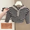 Nuevo atuendo de otoño para niñas: conjunto de dos piezas estilo coreano para bebés niñas, con top a rayas de manga larga y shorts elegantes color café