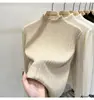 Camiseta de Punto con Flecos Auriculares Oreja de Trigo para Primavera y Otoño Cuello Semi-alto Camiseta Básica Suéter Básico Blanco para Mujer Top para Mujer