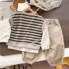 Sudadera de primavera estilo coreano a rayas conjunto de algodón puro a rayas moda para niños otoño primavera pantalones de trabajo para niños conjunto de tres piezas