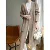 Cardigan de Lã Pura 100% Estilo Coreano Solto Estilo Preguiçoso Feminino Gola V Comprimento Médio Acolchoado Peça de Fora com Bolso Peça de Fora de Caxemira