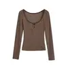Camiseta Listrada Color Block Tendência de Manga Longa para Mulheres, Novo Top Cropped Americano de Botão Slim Fit para Outono