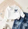 Conjunto de Dos Piezas para Niñas Otoño Cuello Polo Lazo Manga Larga Estampado Completo Decoración de Lazo Tridimensional Jeans Venta al por Mayor