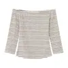 Tiro real Camiseta de rayas de un solo hombro para mujer 2026 Otoño Nuevo Estilo Coreano Top de punto adelgazante 26431