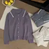 Cardigã de Tricô Estilo Coreano com Gola e Botão de Coração para Mulheres, Botão de Pérola, Casaco Suéter Versátil