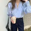 Blusa bufante com babados e decote em V estilo francês para mulheres, primavera e outono, com um design único, temperamento de nicho, chique coreano e top distinto