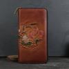 Cartera Vintage Lavada en Color de Cuero Genuino Capa Superior de Piel de Vaca con Múltiples Ranuras para Tarjetas, Bolso de Mano de Gran Capacidad para Negocios con Diseño de Animal en Relieve para Mujer