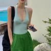 Traje de baño a cuadros con escote en V profundo, sin espalda, para mujer, estilo diosa de Corea del Sur, ajustado, sexy