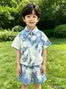 Estilo Étnico de Yunnan Hecho a Mano Teñido con Plantas Azul Camisas para Niños Tops Casuales de Manga Corta con Cuello
