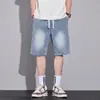 Calça Jeans de Cinco Pontos com Padrão Céu Estrelado Fina de Verão Masculina Solta Reta Streetwear Americano Casual Shorts de Verão Calça Média