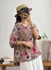 Playera Artística de Algodón y Lino para Mujer Top de Color Suelto Casual Retro para Viajar Verano Manga Corta Estampada a la Moda