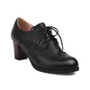 Zapatos de mujer retro de tacón alto con cordones, punta redonda, tacón grueso, talla grande, zapatos de primavera y otoño de una sola capa, talla grande, comercio exterior 3-608
