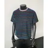 Camiseta de Manga Corta con Rayas de Contraste Estilo Americano para Hombre 2025 Verano Nueva Marca de Moda Casual Versátil Top Unisex de Media Manga