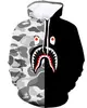 Moletom Masculino de Outono Série Bape Shark Impressão Digital 3D Cool Tendência Novo Estilo de Outono