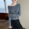 Blusa base feminina da moda, lã, outono/inverno, cor sólida, manga longa, novo estilo 2026, tricotada com decote de um ombro