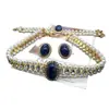 Diseño Estilo Francés Collar Pulsera Doble Fila de Perlas, Pendientes Versátiles Exquisitos de Lujo Ligero con Incrustaciones de Lapislázuli