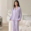 Conjunto de pijama e roupa de casa feminina de duas peças, com mangas compridas e calças compridas, em algodão puro, dupla face, costela 40 fios, 200 gramas, em estoque, pode ser usado fora de casa