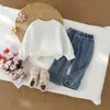 Roupa casual de outono transfronteiriça para bebês e crianças pequenas: um conjunto de duas peças apresentando um top de gola redonda com enfeites florais 3D e calça jeans com apliques florais