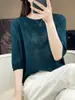 Lã cardada fina feminina gola redonda cor sólida jacquard meia manga solta casual para o trabalho primavera e verão malha meia manga
