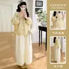 Conjunto de Duas Peças para Gestante Estilo Coreano Mom Tendência - Camisa Listrada Solta + Calça de Perna Larga - Novo Estilo Fresco Primavera 2026