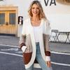 Cross-border novo estilo preguiçoso de comprimento médio com capuz malha cardigan europeu e americano outono e inverno contraste cor casual casaco suéter para as mulheres