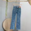 Pantalones pitillo de mezclilla dividida talla pequeña cintura alta rectos ajustados doble hebilla diseño elástico marca de cuero herradura pantalones acampanados
