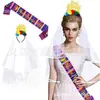 Chapéu Mexicano Personalizado de Palha Trançada Colorido com Listras e Véu de Pompons, Faixa Cerimonial com Flores, Conjunto de Véu