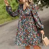 Novo vestido de renda com decote V para mulheres da Amazon, importado, outono, solto, floral pequeno, manga longa