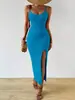 Vestido de Playa Estilo Europeo y Americano Transfronterizo para Mujer, Nuevo Estilo de Verano, Vestido de Tirantes de Punto Sexy Ceñido a la Cadera de Longitud Media con Abertura