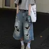 Pantalones vaqueros cropped rectos rasgados estilo retro americano para mujer, nuevo estilo de otoño, corte holgado, talla grande, jeans de pierna ancha de siete puntos adelgazantes