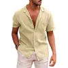 Amazon ebay camisa de manga corta de color liso con solapa para verano caliente botón camisa de algodón y lino para hombre ropa de hombre
