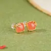 Yuebao Joyería Plata de Ley S925 Roja del Sur Chapada en Oro Pendientes Cuadrados de Hojas de Bambú Rojas de Agua Étnicos Chinos Venta al por Mayor