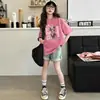 Camiseta de Algodão Puro de Manga Curta Estampada da Moda para Meninas, Verão, Gola Redonda, Estilo Fino, Camada Base Fashionável, Manga Meia